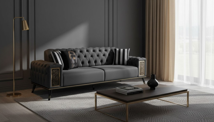 Canapé Chesterfield noir et or trois places salon de luxe meuble 3 places