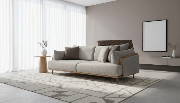 Canapé 3 places luxueux de couleur claire, mobilier moderne dans le salon.