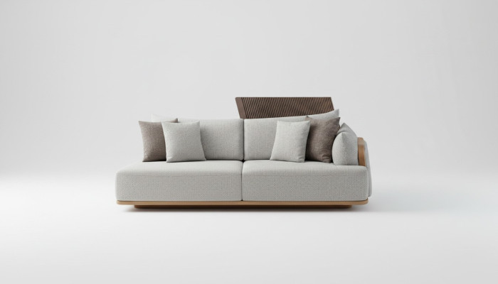 Canapé 3 places luxueux de couleur claire, mobilier moderne dans le salon.