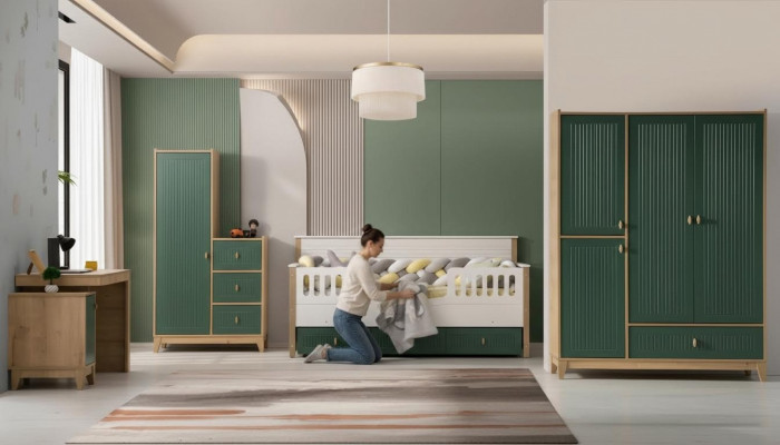 Ensemble de chambre d'enfants élégant comprenant un lit, 2 armoires et un bureau.