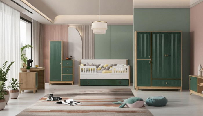 Ensemble de chambre d'enfants élégant comprenant un lit, 2 armoires et un bureau.