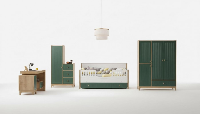 Ensemble de chambre d'enfants élégant comprenant un lit, 2 armoires et un bureau.