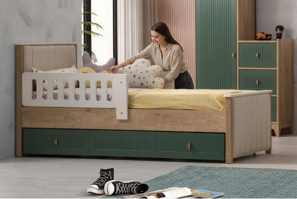 Lit d'enfants élégant 200 cm lit de jeunesse en bois Chambre d'enfant en tissu moderne