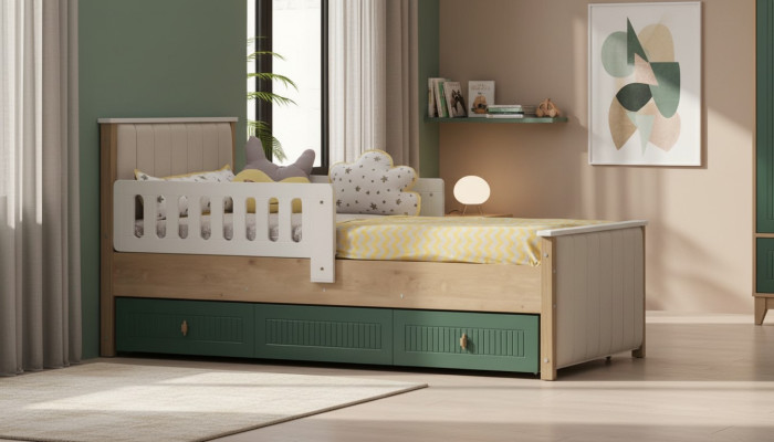 Lit d'enfants élégant 200 cm lit de jeunesse en bois Chambre d'enfant en tissu moderne
