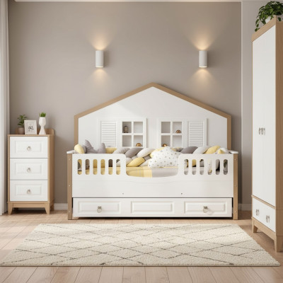 Parfait cadre de lit pour la chambre des enfants en bois clair, meuble de chambre d'enfant nouveau.