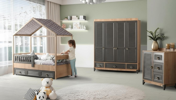 Ensemble de salle de jeunesse grise Chambre d'enfants Commode Armoire et lit 3 pièces.