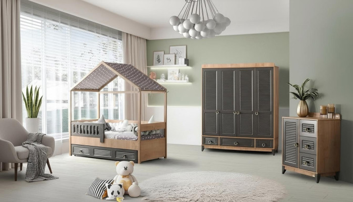Ensemble de salle de jeunesse grise Chambre d'enfants Commode Armoire et lit 3 pièces.