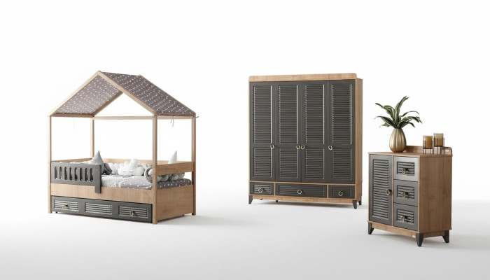 Ensemble de salle de jeunesse grise Chambre d'enfants Commode Armoire et lit 3 pièces.