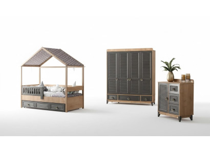 Ensemble de salle de jeunesse grise Chambre d'enfants Commode Armoire et lit 3 pièces.