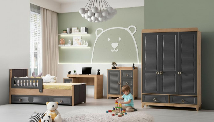 Ensemble de meubles pour enfants en bois pour enfants, ensemble de 4 pièces pour chambre d'enfants en gris.