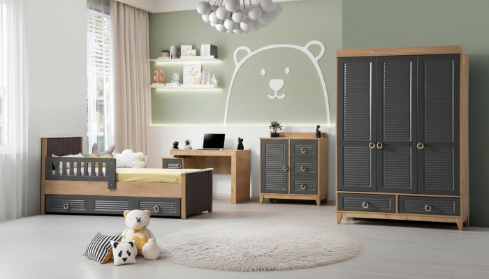 Ensemble de meubles pour enfants en bois pour enfants, ensemble de 4 pièces pour chambre d'enfants en gris.