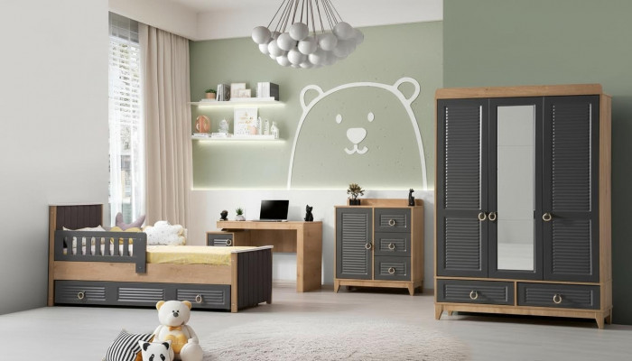 Ensemble de meubles pour enfants en bois pour enfants, ensemble de 4 pièces pour chambre d'enfants en gris.