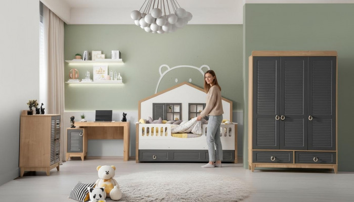 Ensemble complet de meubles pour enfants en bois de lit de luxe 4 pièces chambre d'enfants gris