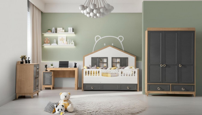 Ensemble complet de meubles pour enfants en bois de lit de luxe 4 pièces chambre d'enfants gris