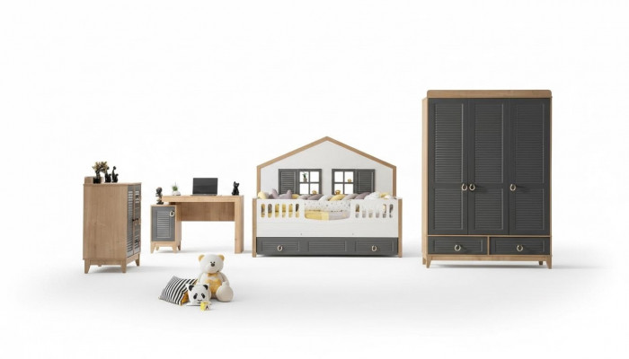 Ensemble complet de meubles pour enfants en bois de lit de luxe 4 pièces chambre d'enfants gris
