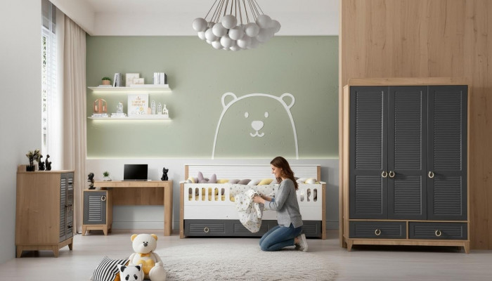 Suite de meubles pour enfants de luxe chambre d'enfants lit d'enfant en bois gris ensemble de 4 pièces