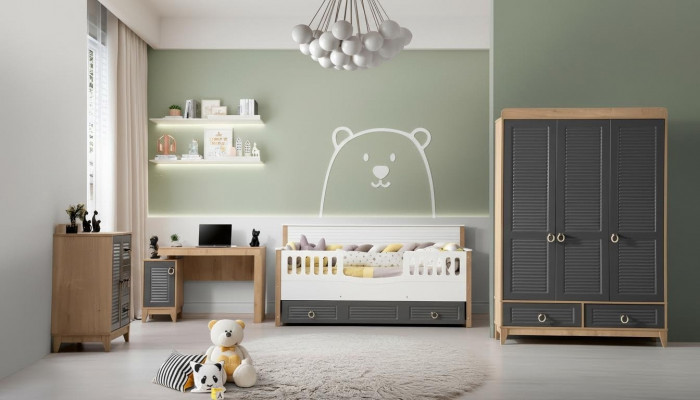 Suite de meubles pour enfants de luxe chambre d'enfants lit d'enfant en bois gris ensemble de 4 pièces