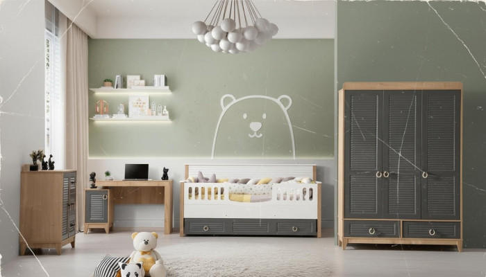 Suite de meubles pour enfants de luxe chambre d'enfants lit d'enfant en bois gris ensemble de 4 pièces