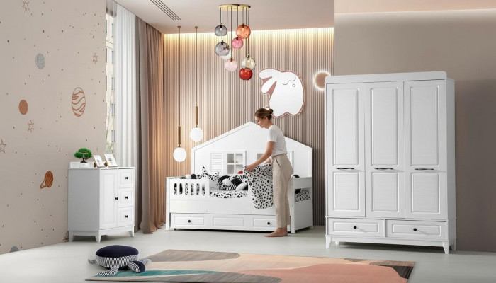 Ensemble de chambre pour jeunesse complète et élégante, ensemble de chambre pour enfants de luxe 3 pièces de couleur blanche.