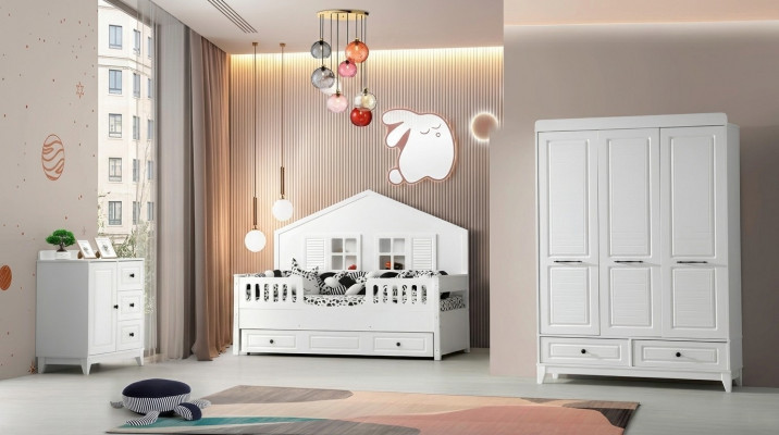 Ensemble de chambre pour jeunesse complète et élégante, ensemble de chambre pour enfants de luxe 3 pièces de couleur blanche.