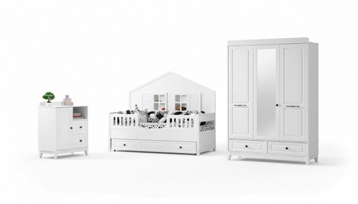 Ensemble de chambre pour jeunesse complète et élégante, ensemble de chambre pour enfants de luxe 3 pièces de couleur blanche.
