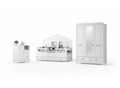 Ensemble de chambre pour jeunesse complète et élégante, ensemble de chambre pour enfants de luxe 3 pièces de couleur blanche.