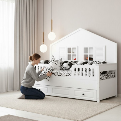 Lit d'enfants Lit en bois Lit fonctionnel Lit extensible Blanc Lit bois 90 x 200