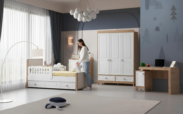 Ensemble moderne de chambre d'enfant Lit Armoire Commode Bureau Clair