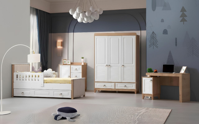 Ensemble moderne de chambre d'enfant Lit Armoire Commode Bureau Clair