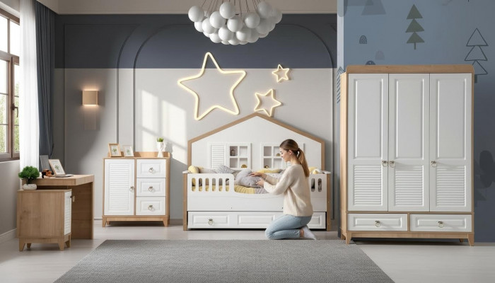 Ensemble de chambre d'enfants moderne Lit Armoire Bureau Lumineux 4 pièces neuf