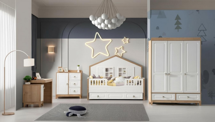 Ensemble de chambre d'enfants moderne Lit Armoire Bureau Lumineux 4 pièces neuf