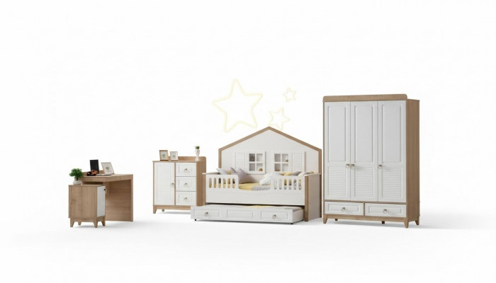 Ensemble de chambre d'enfants moderne Lit Armoire Bureau Lumineux 4 pièces neuf
