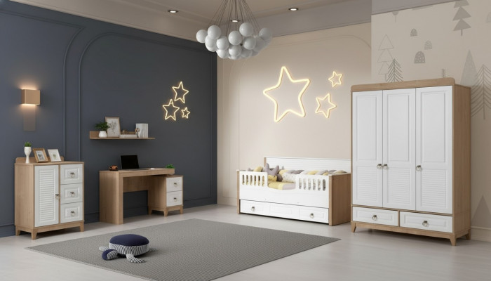 Chambre d'enfants Ensemble Lit Armoire Commode Bureau Blanc 4pcs