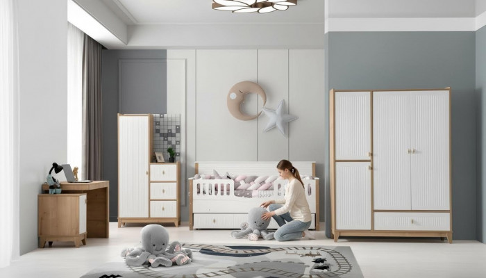 Ensemble de chambre d'enfant élégante Lit 2x Armoire Bureau Blanc 5 pièces