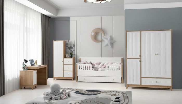 Ensemble de chambre d'enfant élégante Lit 2x Armoire Bureau Blanc 5 pièces
