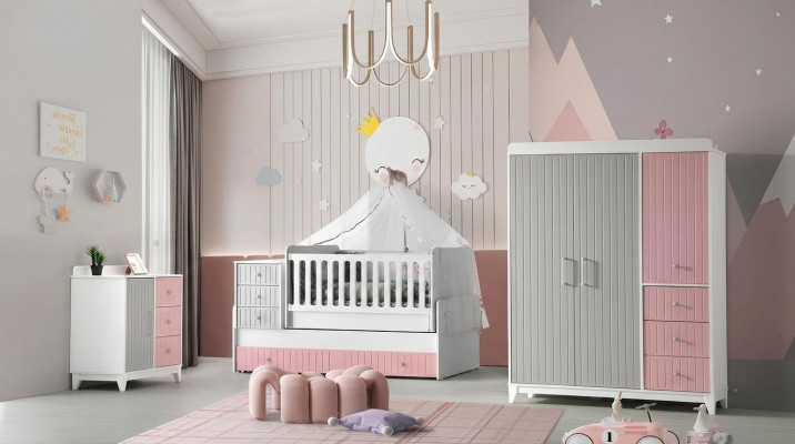 Luxueux ensemble de chambre d'enfants 3 pièces, commode élégante, armoire, lit multicolore.