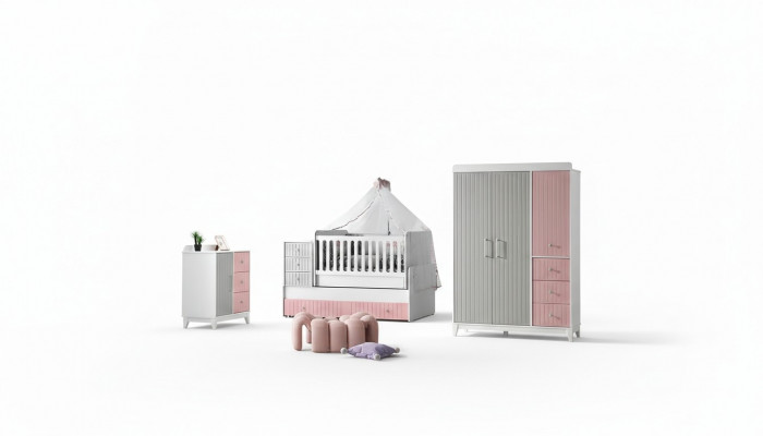 Luxueux ensemble de chambre d'enfants 3 pièces, commode élégante, armoire, lit multicolore.