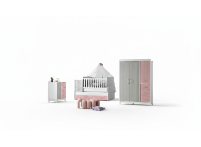 Luxueux ensemble de chambre d'enfants 3 pièces, commode élégante, armoire, lit multicolore.
