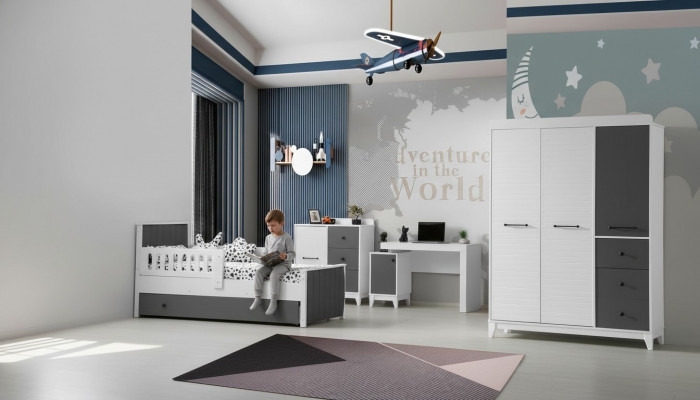 Ensemble de chambre d'enfants modernes comprenant un lit, une armoire, une commode, une table, 4 pièces.