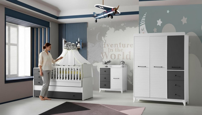 Ensemble de chambre d'enfants moderne composé d'un lit d'enfant, d'une armoire, d'une commode, 3 pièces neuves.