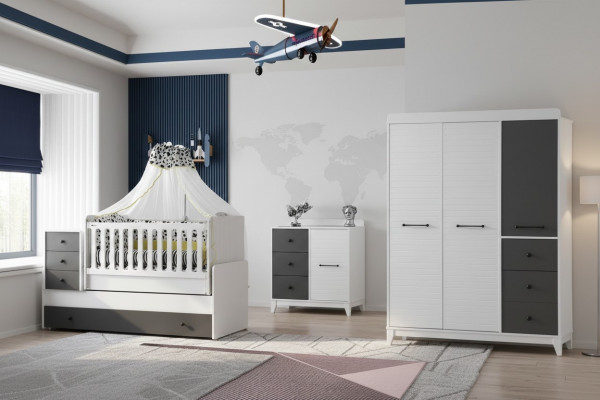 Ensemble de chambre d'enfants moderne composé d'un lit d'enfant, d'une armoire, d'une commode, 3 pièces neuves.