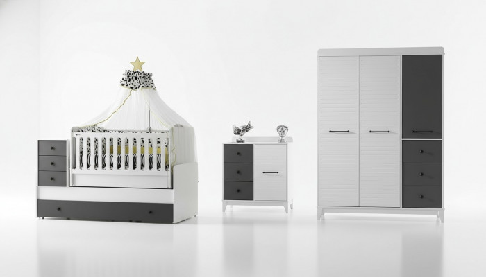 Ensemble de chambre d'enfants moderne composé d'un lit d'enfant, d'une armoire, d'une commode, 3 pièces neuves.