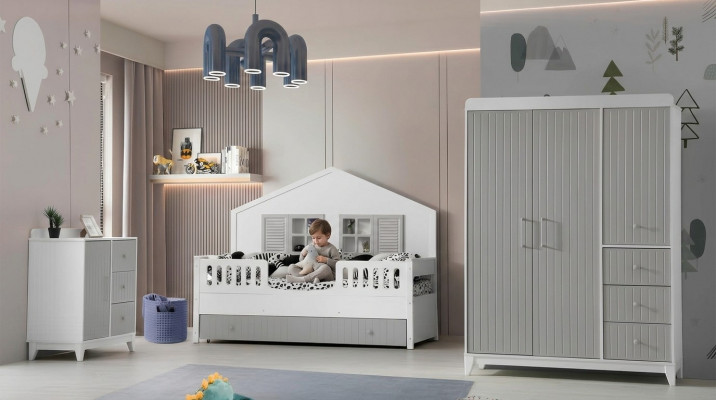 Ensemble de chambre d'enfant élégant de 3 pièces : commode, armoire, lit lumineux
