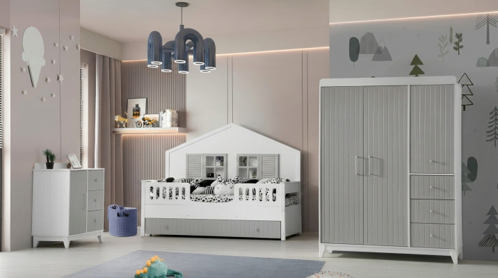 Ensemble de chambre d'enfant élégant de 3 pièces : commode, armoire, lit lumineux