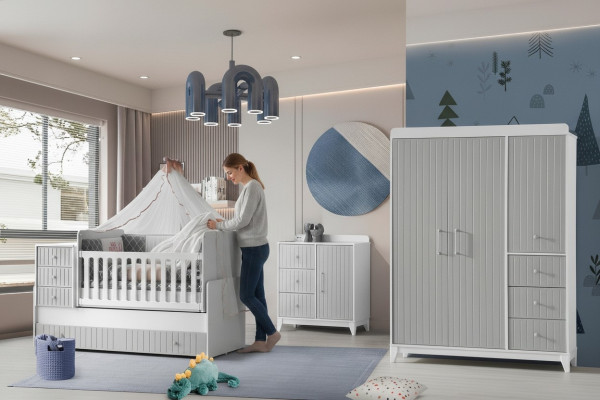 Ensemble complet pour chambre d'enfant : commode, armoire, lit d'enfant couleur gris