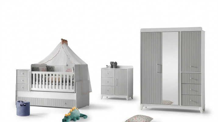 Ensemble complet pour chambre d'enfant : commode, armoire, lit d'enfant couleur gris