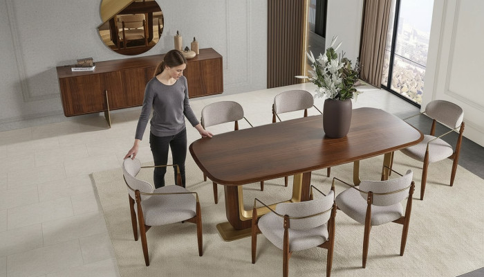 Ensemble de salle à manger moderne Composé de Table à manger 6x Chaises Miroir Buffet