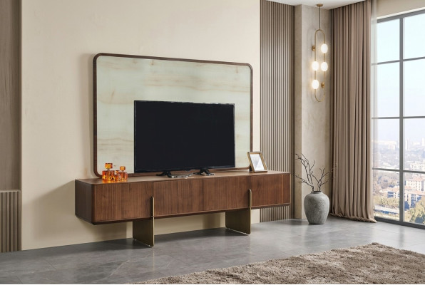 Luxueux ensemble de salon composé d'un meuble TV bas et d'un cadre de télévision 2 pièces. Nouveau
