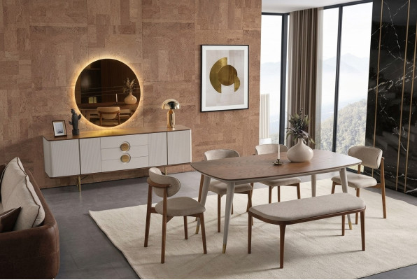 Parfait ensemble de salle à manger composé d'une table à manger, de 4 chaises, d'un miroir et d'un tabouret, pour un total de 8 pièces.