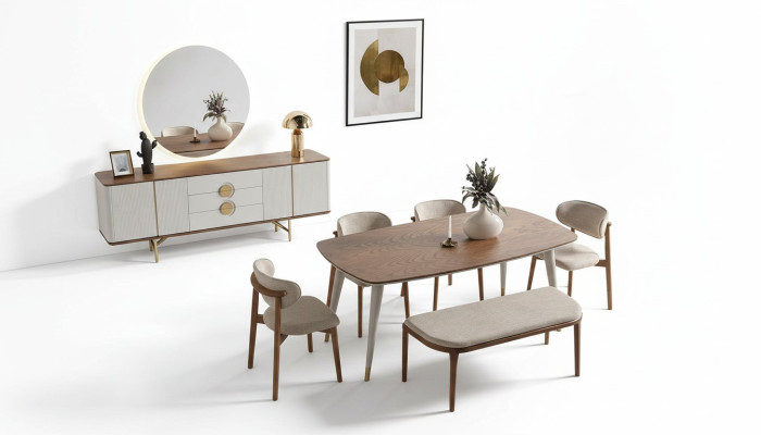 Parfait ensemble de salle à manger composé d'une table à manger, de 4 chaises, d'un miroir et d'un tabouret, pour un total de 8 pièces.